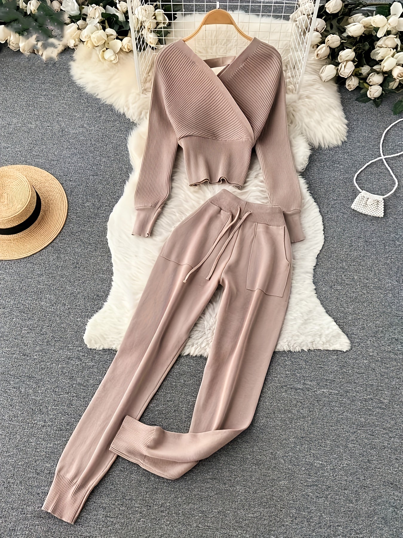 Solid Color V-Neck Exposed Shoulder Slimming Waist Knitted Two-Piece Set with Tie Rope Long Pants for Women